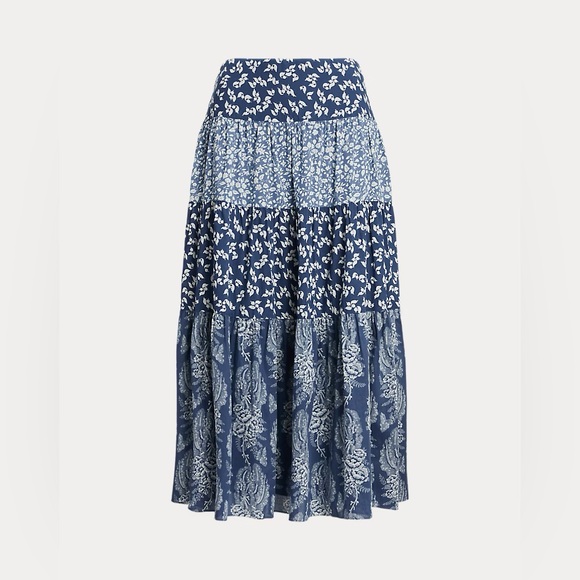 Ralph Lauren Patchwork Floral Voile Tiered Blue white Maxi Skirt Size 8 Rare✨ - Picture 2 of 5